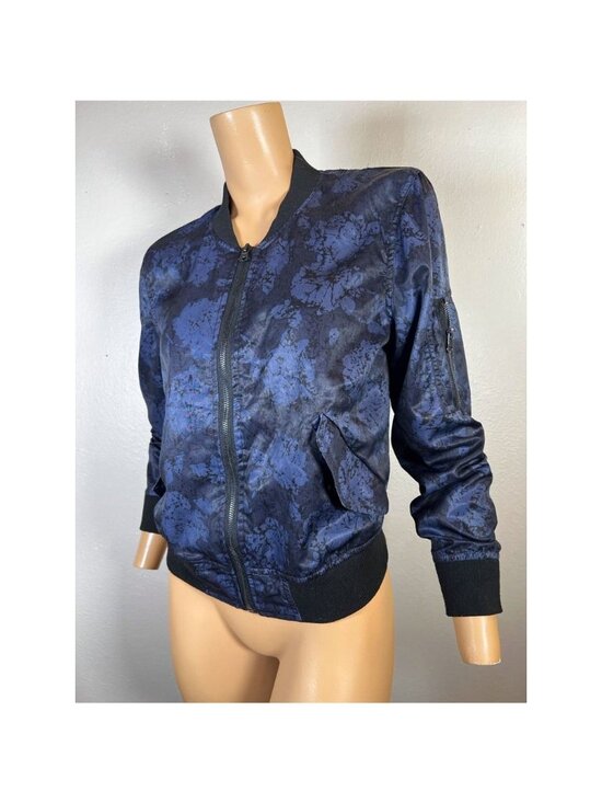 silence + noise Jackets & Blazers - Silence + Noise Womens Bomber Jacket XS Blue Black Abstract Full Zip Pockets